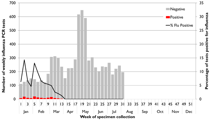 Figure 2: State-wide influenza PCR testing, 1 January 2020 to 2 August 2020.  Text version provided below.